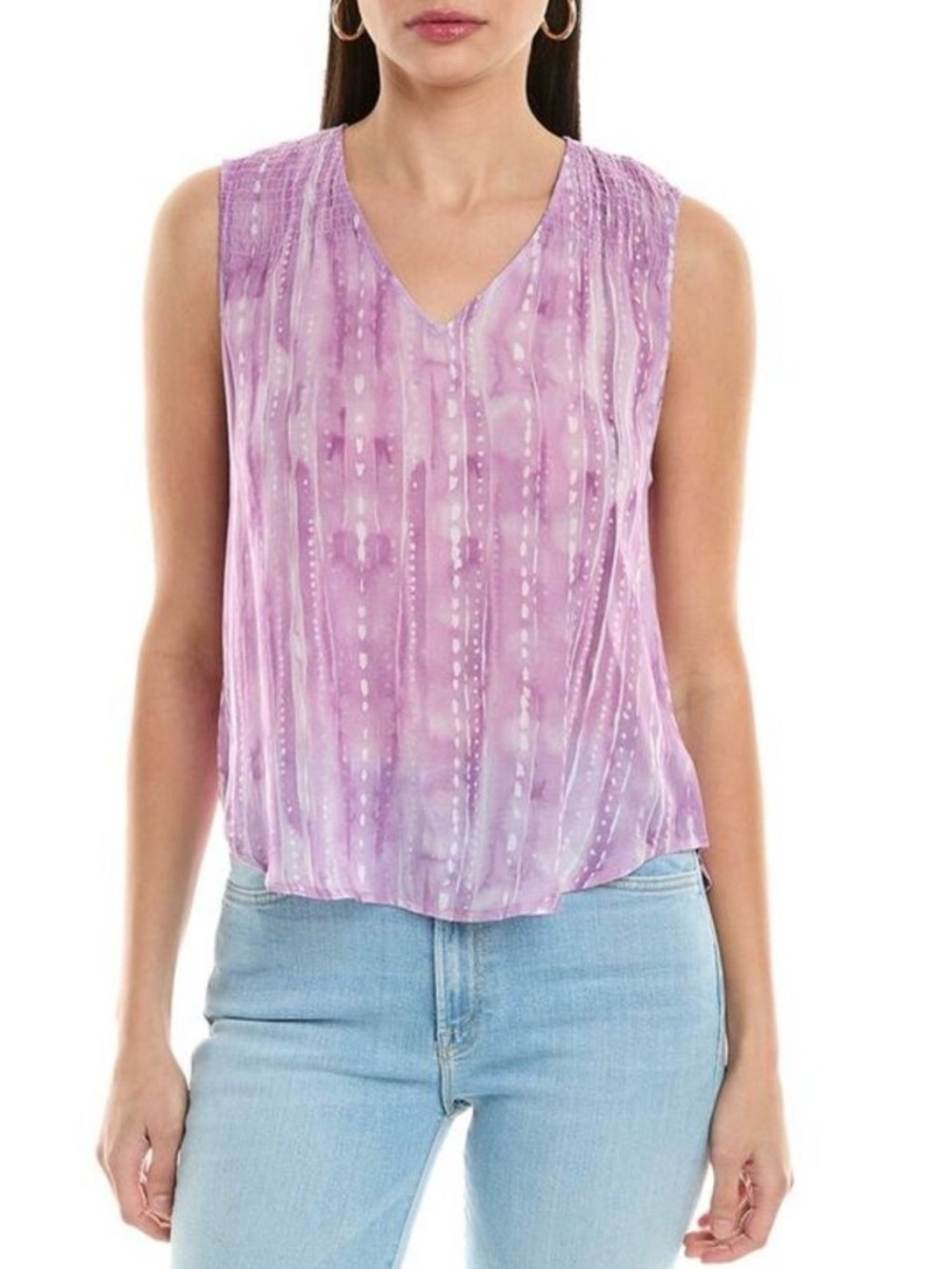Bella Dahl Smocked Neck Tank Top Purple White Watercolor Print Lightweight Sz M